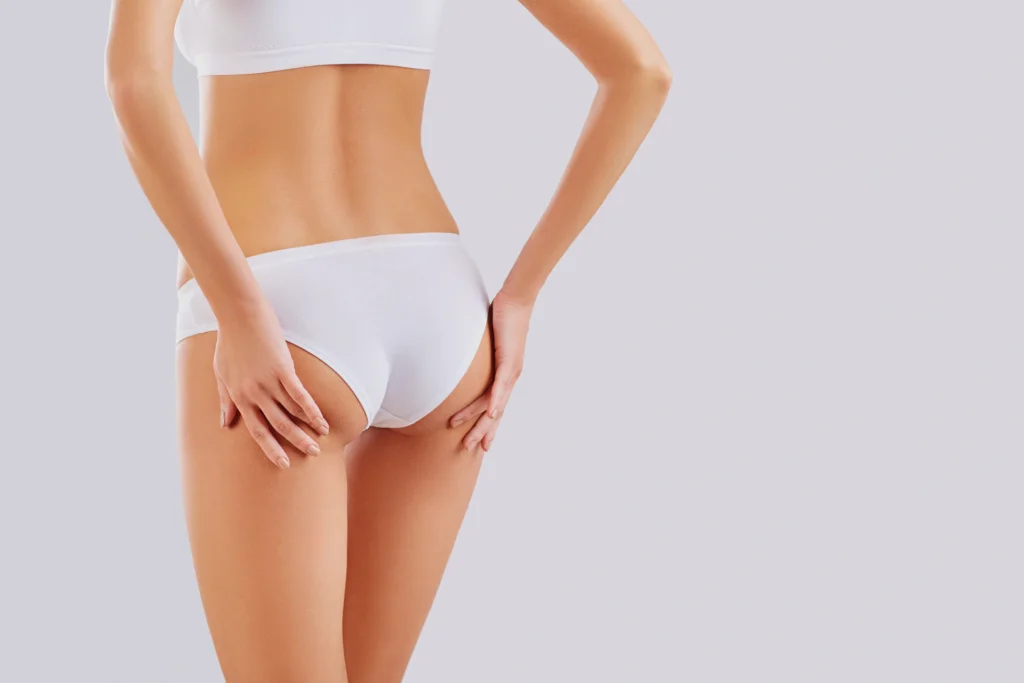 Sculptra BBL treatment featuring a woman's lower back and buttocks in white underwear, The Better Body Shop Medspa, Houston, TX.