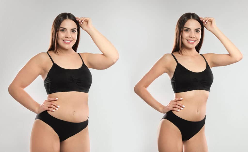 Collage with photos of a woman before and after weight loss diet on a light grey background