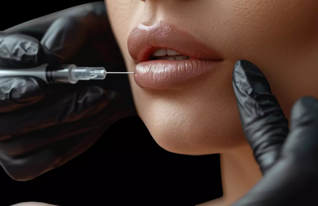 A woman relaxes with a calm expression as a provider gently injects dermal filler into her lips, capturing a real moment of care and confidence at The Better Body Shop MedSpa in Houston, TX.